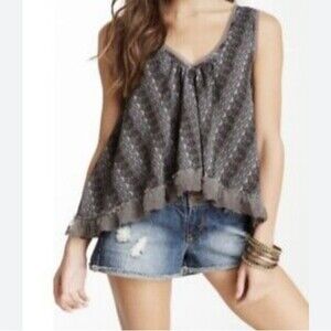 NSF Free People Printed Gray Ruffle Lace Edge Sleeveless Top Size XS